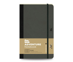 Flexbook Adventure vonalas jegyzetfüzet – fekete, 13 × 21 cm, műbőr borítóval, belső zsebbel és könyvjelzővel