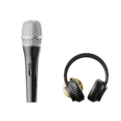 Mikrofon fejhallgatóval, fekete/ezüst - Kitűző