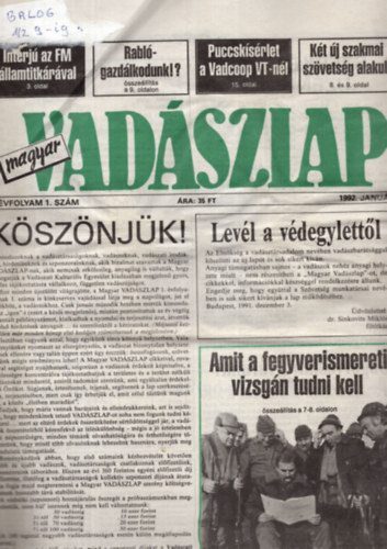 Magyar Vadszlap 1992. 1 -12. szm ( teljes vfolyam egytt  ) - nagyon ritka
