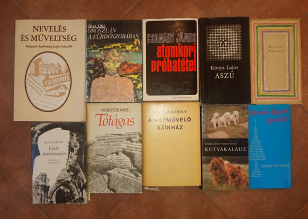 10 db magyar szerz�k �ltal �rt, Szab� J�nosnak dedik�lt k�nyv a 20. sz�zadb�l: A n�pm�vel� sz�nh�z, T�t�gas, Kutyakalauz, S�lymok k�z�tt egy ver�b, Ebek harmicadj�n, Borkostol�, Asz�, Atomkori pr�bat�tel, Oroszl�n a f�rd�s