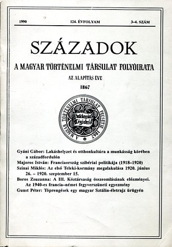 Szzadok - A Magyar Trtnelmi Trsulat folyirata 1990/3-4. szm (124.vfolyam)