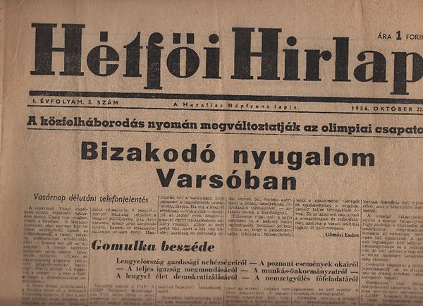 Htfi Hirlap - A Hazafias Npfront lapja I. vfolyam/3. szm (1956. oktber 22.)