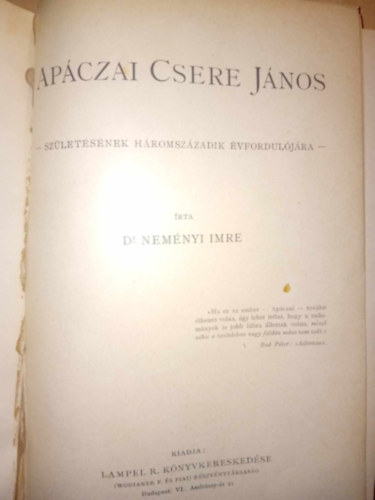 Apczai Csere Jnos Szletsnek hromszzadik vforduljra