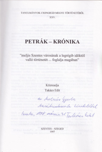 Petrk-krnika (Tanulmnyok Csongrd megye trtnetbl sor. XXV.)