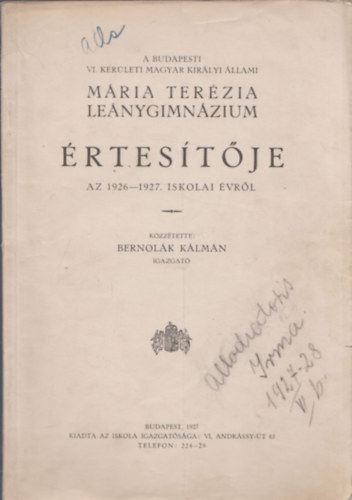 Bernolk Klmn  (kzztette) - Mria Terzia lenygimnzium rtestje az 1926-1927. iskolai vrl