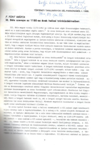 III. B�la szerepe az 1180-as �vek halicsi tr�nk�zdelmeiben - dedik�lt - K�l�nlenyomat