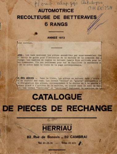 Catalogue de pieces de rechange- Automotrice recolteuse de betteraves 6 rangs 1973
