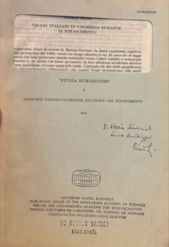 Bónis György - Vicari Italiani in Ungheria Durante il Rinascimento - Különlenyomat