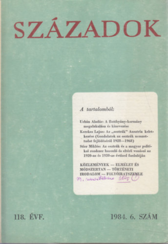 Sz�zadok 1984/6. (A Magyar T�rt�nelmi T�rsulat k�zl�nye)