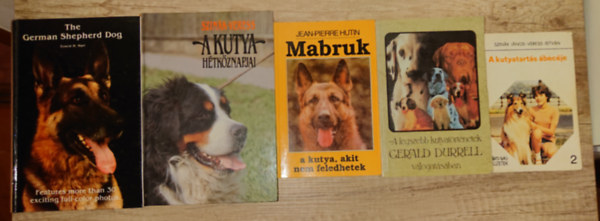 4 könyv a kutyák szerelmeseinek ajándék angol könyvvel a néémet juhászról: A kutya hétköznapjai,, Mabruk a kutya, akit nem feledhetek, A legszebb kutyatöerténetek, A kutyatartás ábécéje + The German Sepherd Dog