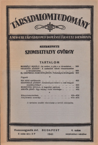 Trsadalomtudomny - A Magyar Trsadalomtudomnyi Trsulat folyirata 21. vf. 4. szm (1941)