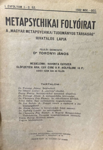 Metapsychikai folyirat I. vfolyam I-II. szm (1932. nov.-dec.)
