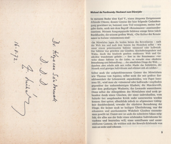 Ferdinandy Mihály Michael de Ferdinandy - Nachwort zum Dürerjahr. Neue Deutsche Hefte (Sonderdruck)