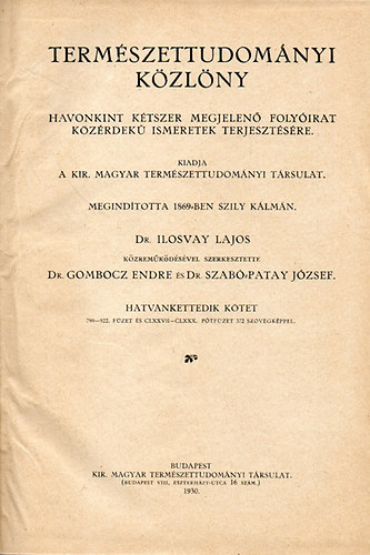 Termszettudomnyi kzlny 1930 - 62. ktet - 899-922. fzet