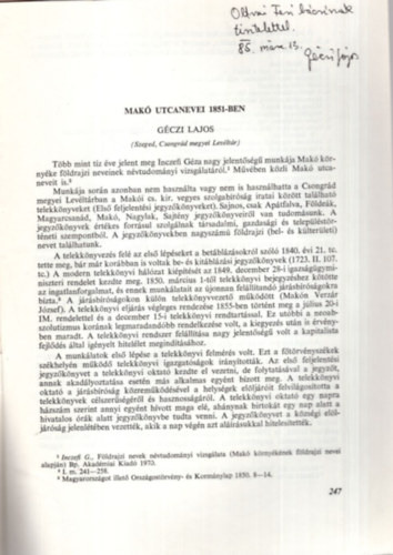 Mak� utcanevei 1851-ben - A Mak�i M�zeum F�zetei 37- Dedik�lt - K�l�nlenyomat