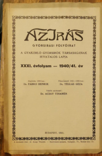 Az Irs (gyorsirsi folyirat) XXII. vf. (1940/41.)