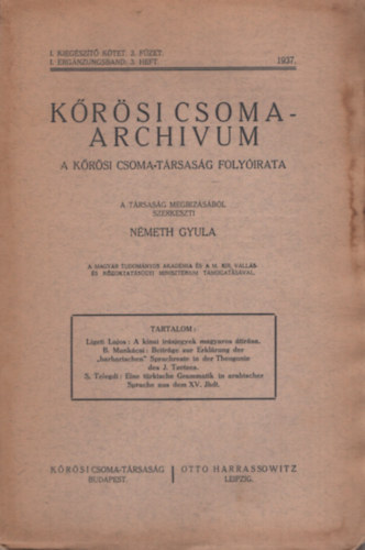 K�r�si Csoma-archivum - A K�r�si Csoma-T�rsas�g foly�irata (1. kieg�sz�t� k�tet. 3. f�zet)