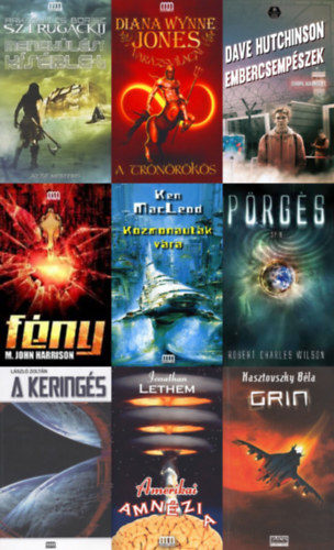 9 db sci-fi reg�ny a Galaktika Fantasztikus K�nyvek sorozatb�l: F�ny + Amerikai amn�zia + A tr�n�r�k�s + A Kering�s + Grin + Menek�l�si k�s�rlet + P�rg�s + Embercsemp�szek + Kozmonaut�k v�ra