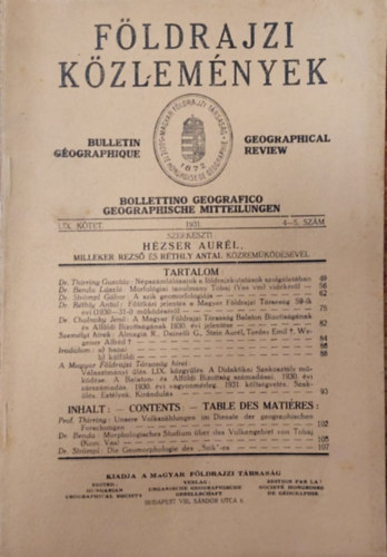 Dr. Hzser Aurl  (szerk.) - Fldrajzi kzlemnyek LIX. Ktet 1931. 4-5. szm