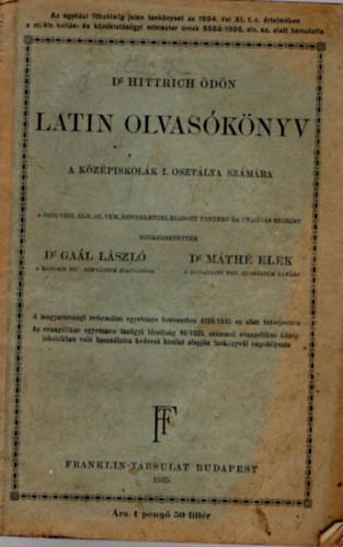 Latin olvasknyv a kzpiskolk I. osztlya szmra