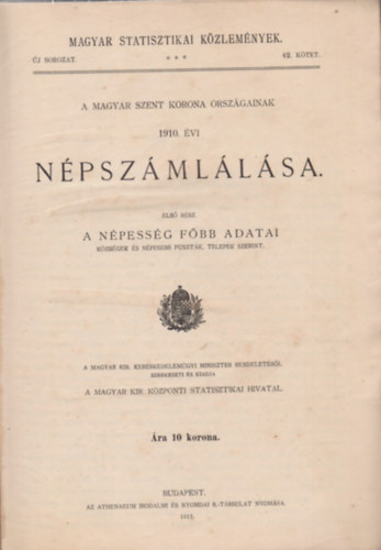 A Magyar Szent Korona orszgainak 1910. vi npszmllsa.- I. A npessg fbb adatai kzsgek s npesebb pusztk, telepek szerint.