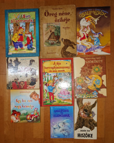 9 klasszikus mesek�nyv: Hisz�ke, Egy kis aut� nagy kalandja, Sz�k�k�t, Csalimes�k, Vid�m �llatmes�k, A kis hercegkisasszony, �reg n�ne �zik�je, A g�lya hozott?, Ugrif�les, az illemtan�r