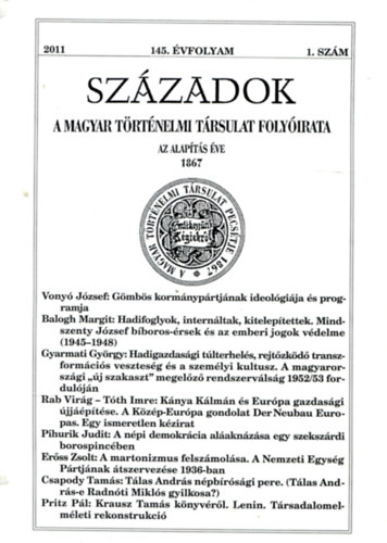 Sz�zadok 145. �vfolyam - 1. sz�m (2011)