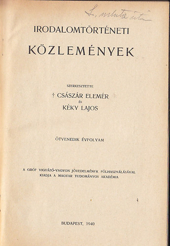 Irodalomtrtneti kzlemnyek (tvenedik vfolyam - 1940)