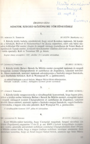 rszegi Gza - Adatok Szeged kzpkori trtnethez - klnlenyomat - dediklt