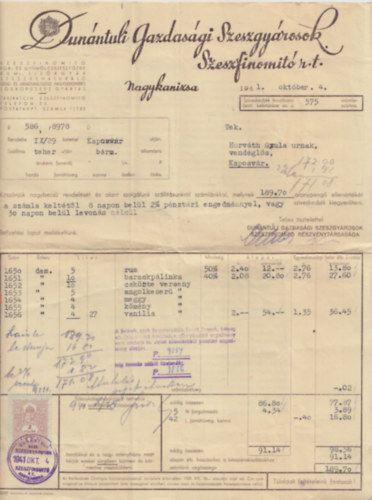 Dunntli Gazdasgi Szeszgyrosok - Szmla 1941-bl