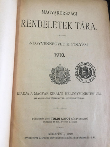 Magyarorszgi Rendeletek Tra 1910.