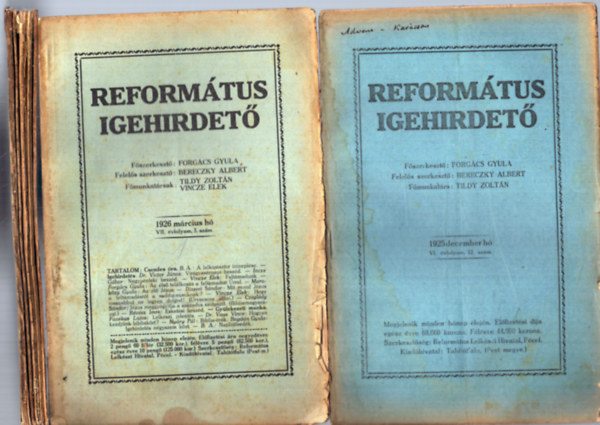 7 db Reformtus igehirdet: 1925/december, 1926/mrcius, jnius, augusztus, szeptember, november, december
