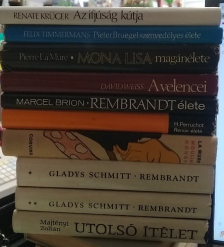9 db-os K�NYVMENT� AJ�NLAT, fest�szet: Utols� �t�let+ Rembrandt I-II.+ Moulin Rouge+ Renoir �lete+ Rembrandt �lete+ A velencei+ Mona Lisa mag�n�lete+ Pieter Bruegel szenved�lyes �lete+ Az ifj�s�g k�tja (az id. Lucas Cranach reg�nye)