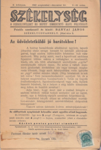 Szkelysg X. vfolyam - 1940. szeptember-december h - 9-12. szm (A Szkelyfldet s npt ismertet havi folyirat)