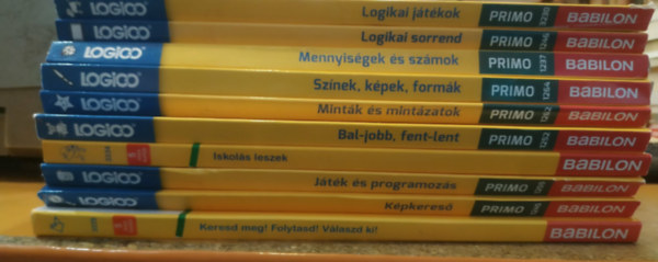 Tessloff �s Babilon Kiad� - 10 db Logico Primo k�rtyacsomag: Bal-jobb, lent-fent; Iskol�s leszek; J�t�k �s programoz�s; K�pkeres�; Keresd meg! Folytasd! V�laszd ki!; Logikai j�t�kok; Logikai sorrend; Mennyis�gek �s sz�mok; Mint�k �s mint�zatok; Sz�nek, k�pek,