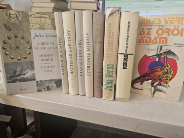 Verne Jules Verne Gyula - 9db Verne kötet, KÖNYVMENTŐ AJÁNLAT: Három regény - A Bégum 500 milliója - Hódító Robur - A világ ura+ Hector Servadac+ Hatteras kapitány+ Utazás a holdba+ Sztrogof Mihály+ Cirkuszkocsival a sarkvidéken át+ Nyolcszáz mérföld az Am