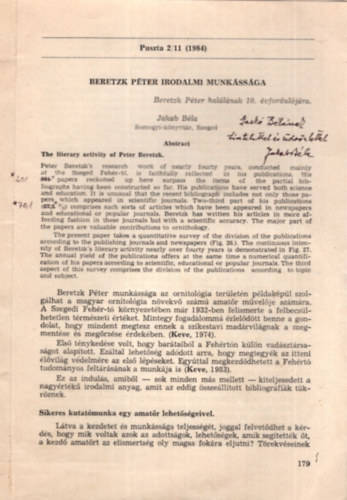 Jakab Bla - Beretzk Pter irodalmi munkssga - Beretzk Pter hallnak 10. vforduljra -  Klnlenyomat - Dediklt