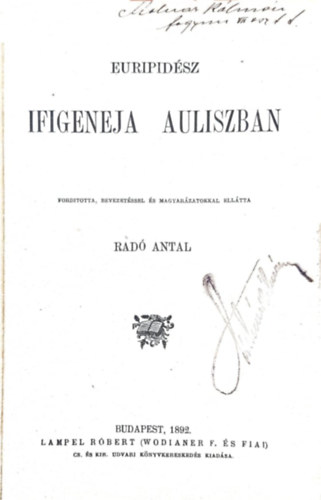 Rad Antal  Euripidsz (ford.) - Ifigeneja Auliszban
