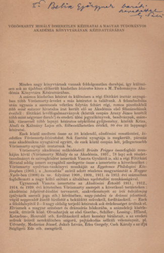 V�r�smarty Mih�ly ismeretlen k�ziratai (K�l�nlenyomat) (Dedik�lt)