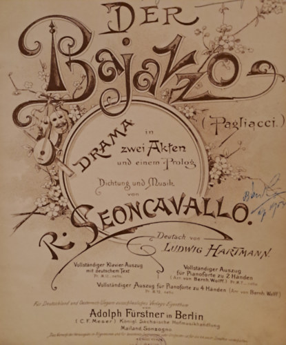 R. Leoncavallo - Der Bajazzo - Vollstndiger Auszug fr Pianoforte allein