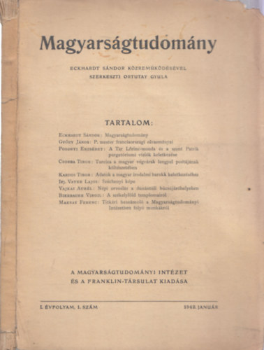 Ortutay Gyula  (szerk.) - Magyarsgtudomny I. vf. 1. szm 1942. janur