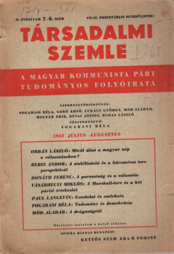 Trsadalmi Szemle  - A Magyar Kommunista Prt Tudomnyos Folyirata II. vfolyam 7-8. szm 1947
