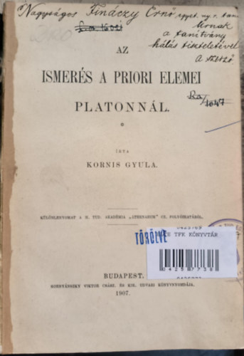Az ismer�s a priori elemei Platonn�l (1907)