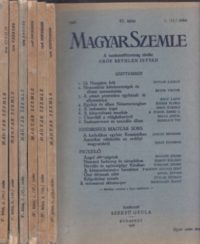 6 db Magyar Szemle: 1928/szeptember+november+december+1929/janur+februr+prilis