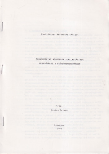 kometriai mdszerek alkalmazsnak lehetsgei a szltermesztsben - Kandidtusi rtekezs Tzisei