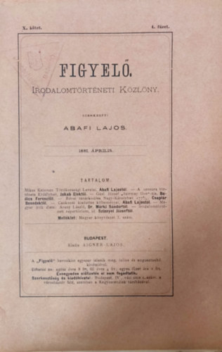 Figyel - Irodalomtrtneti Kzlny X. ktet 4. fzet (1881. prilis)