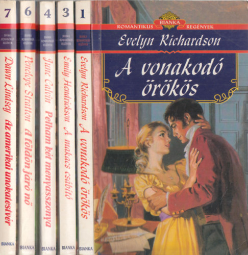 5db a `Bianka romantikus regnyek` sorozatbl - Evelyn Richardson: A vonakod rks + Emily Hendrikson: A makacs csbt + June Calvin: Pelham kt menyasszonya + Penelope Stratton: A fldn jr n + Dawn Lindsey: Az amerikai unokates