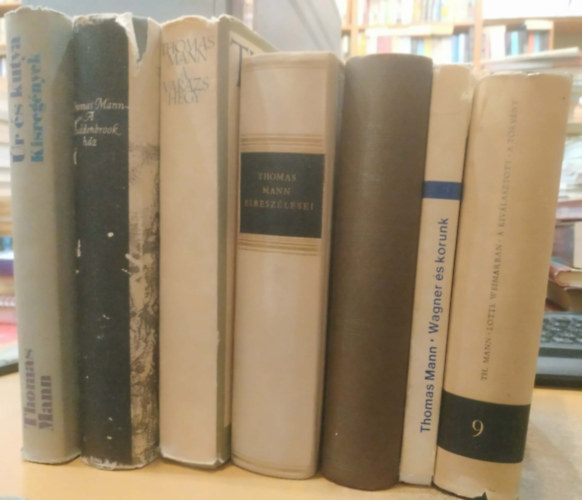 7 db Thomas Mann: �r �s kutya (kisreg�nyek); A Buddenbrook h�z; A var�zshegy; Wagner �s korunk; Doktor Faustus; Lotte Weimarban/A kiv�lasztott/A t�rv�ny; Thomas Mann elbesz�l�sei