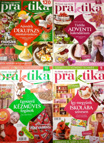 4 db. Praktika Diy Magazin - 2008.szept. - XII évf., 9. szám, 2008.okt. - XII évf., 10. szám, 2008.nov. - XII évf., 11. szám, 2008.dec. - XII évf., 12. szám (szabás-varrás-kötés-hobby-lakásdivat-kézimunka)