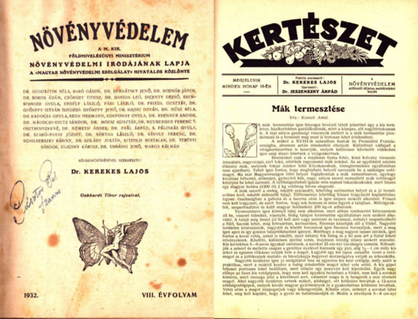 Dr. Kerekes Lajos  (szerk.) - Nvnyvdelem 1932. VIII. vfolyam s Kertszet 1932. VI. vfolyam teljes (egybektve)